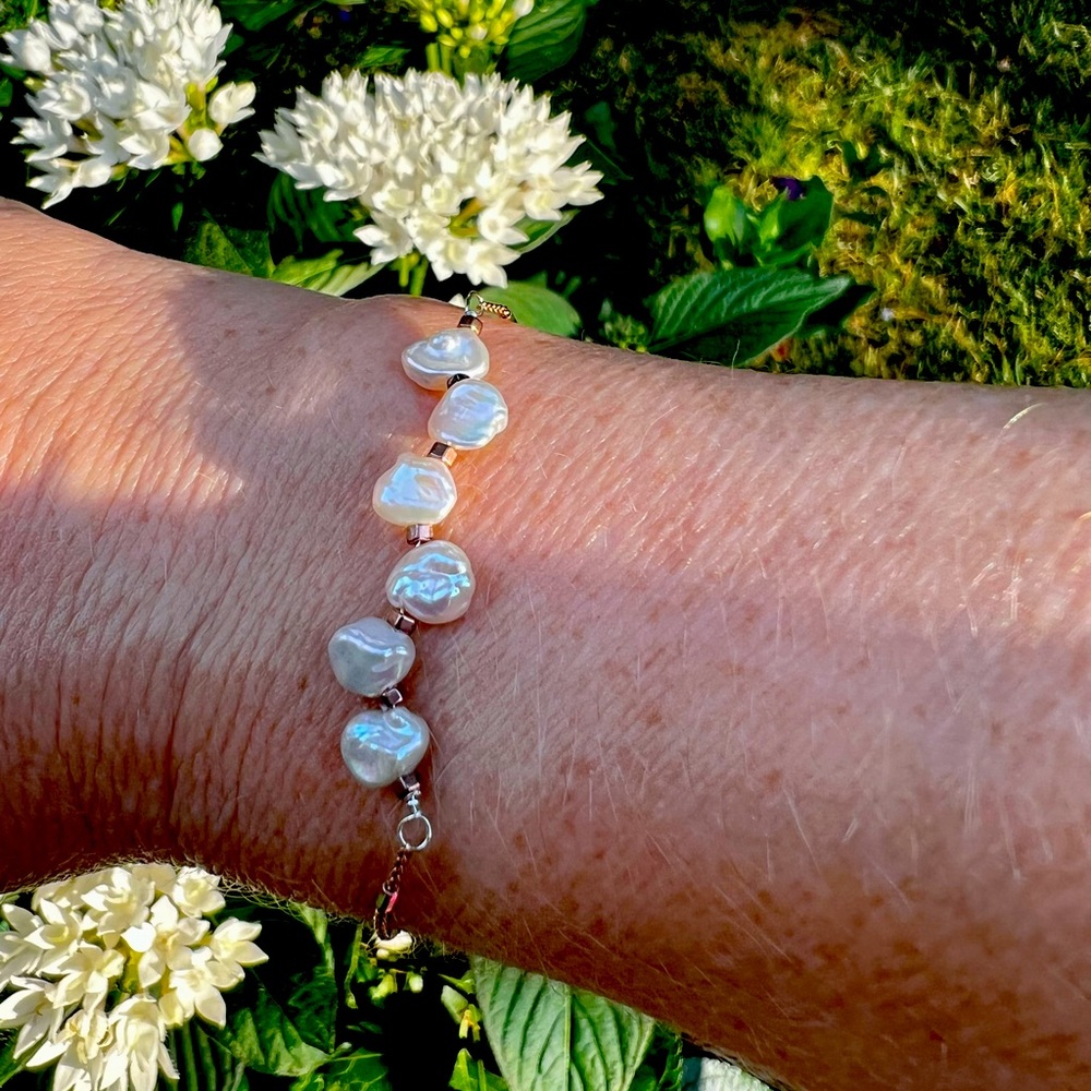 RESERVED for Jen—Keshi Pearl, Rose Gold & Sterling S. Bracelet